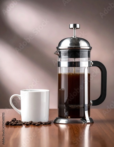A tall, cylindrical glass coffee maker, sits beside a white mug and scattered coffee beans on a wooden surface, with a blurred backdrop
