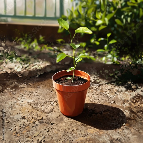 Small Green Plant Growing in Pot on Soil in Garden During Sunny Day