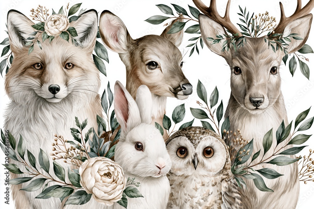 Fototapeta premium Charming woodland creatures including a fox, deer, rabbit, and owl adorned with floral and foliage wreaths.