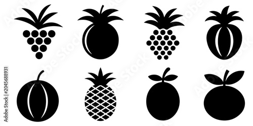 Tropical fruit silhouette icon collection featuring pineapple grape melon and citrus shapes in black isolated vector design set for logo branding packaging labels food graphics and clipart