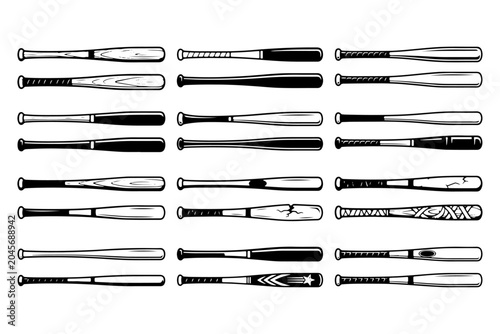Foto Vintage baseball bat icons set, 24 hand drawn wooden sports equipment illustrati