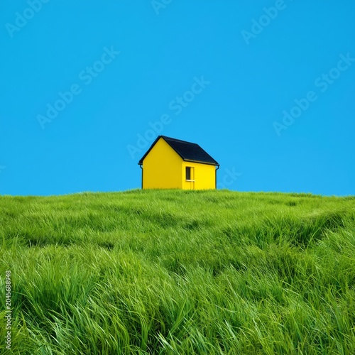 Bright Yellow House Sits on Green Hill Under Clear Blue Sky