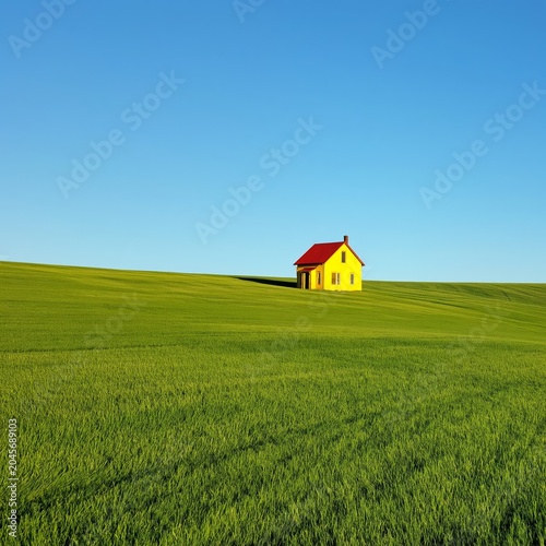 Yellow House Stands Alone on Green Hill Under Blue Sky With Clouds