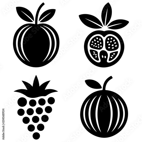 Tropical fruit silhouette icon collection featuring pineapple grape melon and citrus shapes in black isolated vector design set for logo branding packaging labels food graphics and clipart