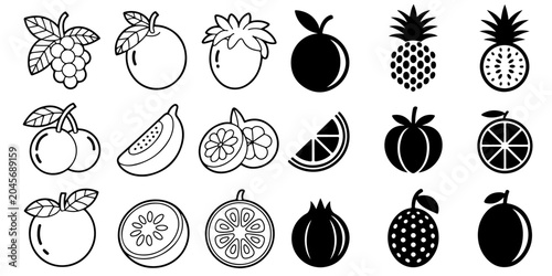 Tropical fruit silhouette icon collection featuring pineapple grape melon and citrus shapes in black isolated vector design set for logo branding packaging labels food graphics and clipart