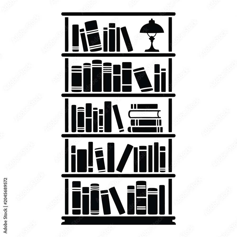 Fototapeta premium Tall Bookshelf Filled with Colorful Books in Cozy Interior Vector, Silhouette, Illustration