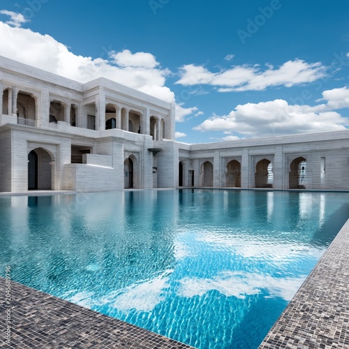 Elegant White Building With a Pool and Blue Sky Under Bright Clouds in Daytim...