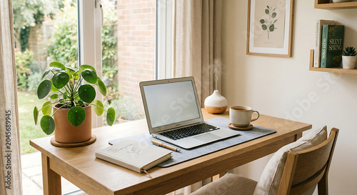 Cozy Minimalist Home Office Workspace with Laptop and Pilea Plant by Window