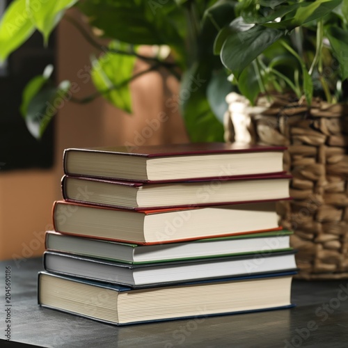 Stacked Books on Wooden Table With Gray Stone Background in Natural Light