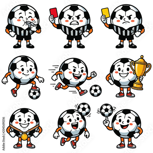 Cartoon soccer ball character referee and player.