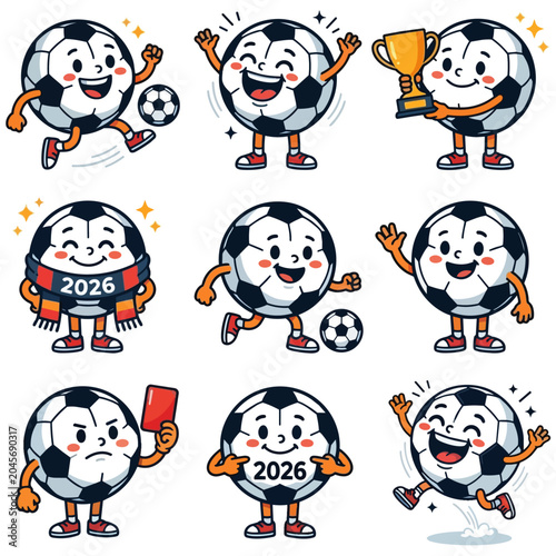 Cartoon soccer ball character various emotions.