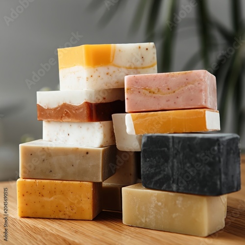 Handmade Soap Bars Stacked on a Wooden Surface With Plant in the Background