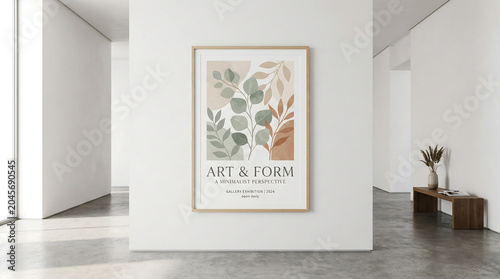 Contemporary framed botanical illustration art print prominently displayed on a clean white wall in a minimalist interior design setting with natural light