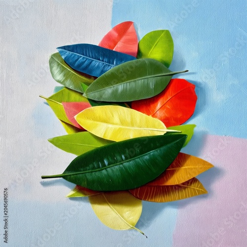 Colorful Leaves Arranged on a Blue and Light Pink Background During Daytime
