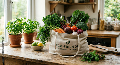 Sustainable Grocery Shopping with Fresh Organic Vegetables in an Eco-Friendly Reusable Canvas Tote Bag on a Rustic Kitchen Counter