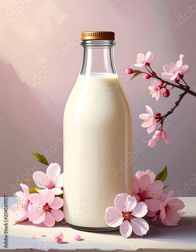 A tall glass bottle of creamy liquid stands amongst pink blossoming branches and flowers on a white surface