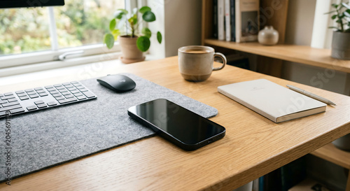 Minimalist Wooden Home Office Desk Setup with Smartphone and Coffee for Productive Remote Work Environment