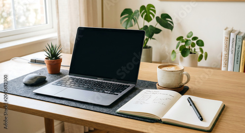 Modern home office desk setup with laptop, notebook, coffee mug, and potted houseplants on wooden table