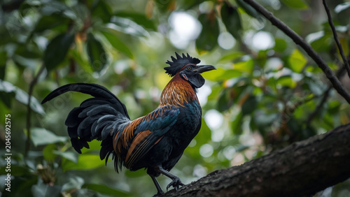 Majestic Rooster Perched on a Tree Branch in Tropical Forest