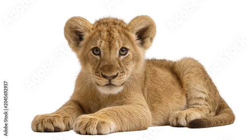 Lion cub lying down front view, looking at camera