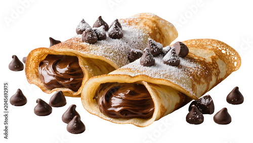 Chocolate crepes filled with hazelnut spread and topped with chocolate chips and powdered sugar