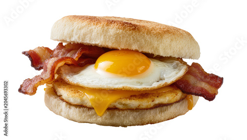 Breakfast sandwich with fried egg bacon, cheese and patty on bun