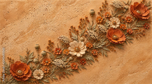 Diagonal Botanical Background with Copy Space, Terracotta Wildflower Clay Relief on Sun Bleached Travertine