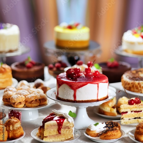 Pastry Display at a Bakery Featuring Various Cakes and Desserts During the Af...