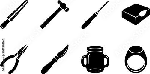 Jewelry making and repair tools icon set featuring ring sizing stick, silversmith hammer, pliers, and gemstones