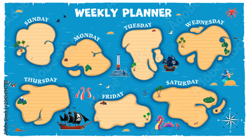Obraz na plátně Weekly planner schedule with pirate islands and ship with treasure map elements, days of week, lighthouse, compass, mermaid, sea creatures and palm trees