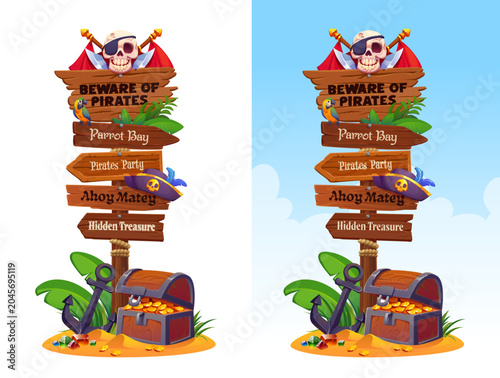 Cuadro en lienzo Wooden pirate signboard, corsair sign board signages with cartoon treasure chest, skull and captain hat