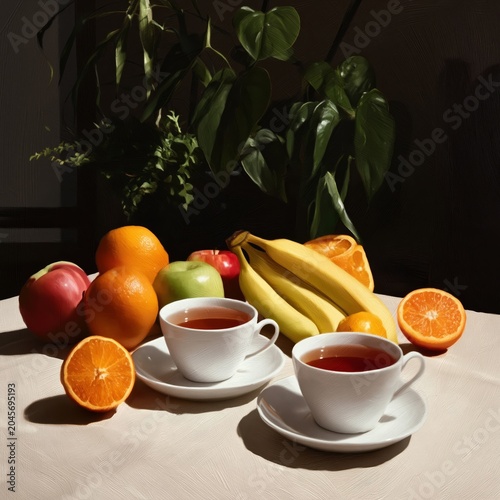 Fresh Fruit and Tea Displayed on a Table With Plants in a Cozy Setting During...