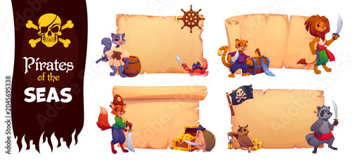 Φωτογραφία Cartoon animal pirate characters with old parchment paper scroll