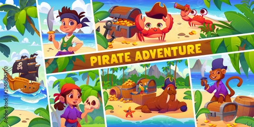 Foto Pirates adventure poster with cartoon funny kids and animals corsair characters, treasures and sail ship