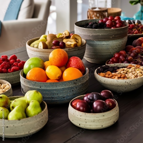 Fruit Bowls on a Table Show a Variety of Fresh Fruits in an Indoor Setting Du...