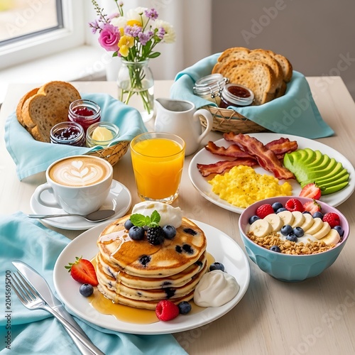 Delicious breakfast spread with pancakes and fruit.