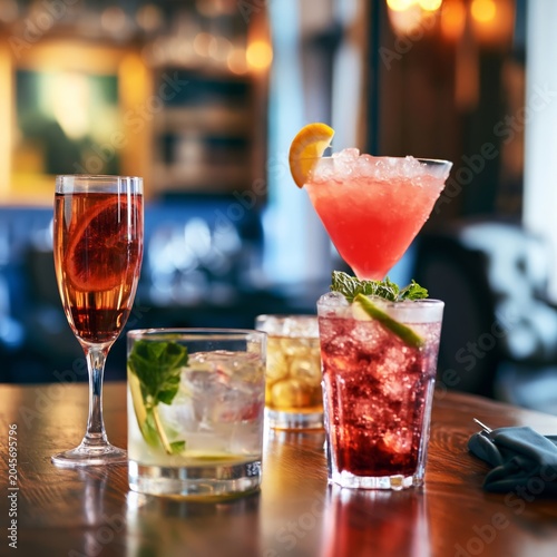 Cocktails and Drinks Displayed on a Wooden Table in a Bar During the Evening