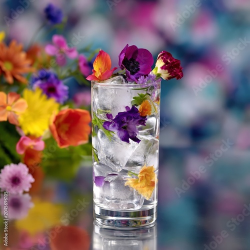 Bright Flowers in a Glass With Ice Placed on a Table Surrounded by Colorful B...
