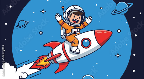 Astronaut on rocket in space cartoon illustration with stars and planets