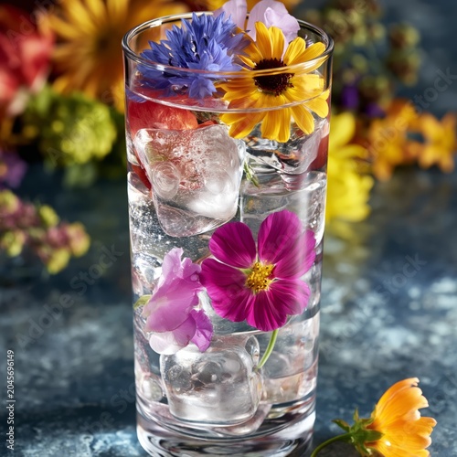 Flower Topped Glass of Water With Ice Cubes Arranged on a Table With Colorful...
