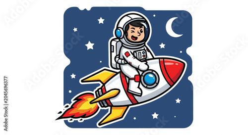Astronaut riding a rocket in space cartoon illustration for children