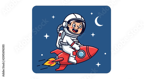 Astronaut riding a rocket in space cartoon illustration on blue background
