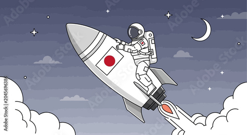 Astronaut riding a rocket in space cartoon illustration for design project