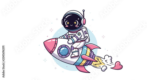 Astronaut riding a rocket in space cartoon illustration on white background