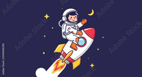 Astronaut riding a rocket in space cartoon illustration on blue sky