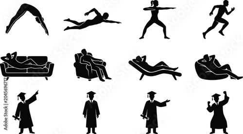 Schilderij op canvas Human Activity Silhouette Set with Athletes Relaxing People and Graduation Chara