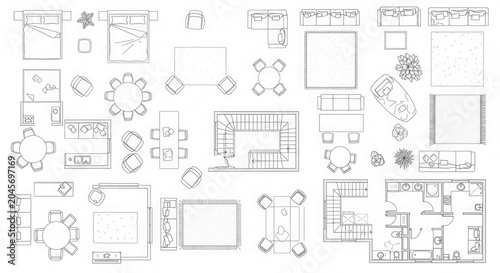 Architectural Floor Plan Furniture Symbols Set - Interior Design Icons for CAD and Blueprint Layouts