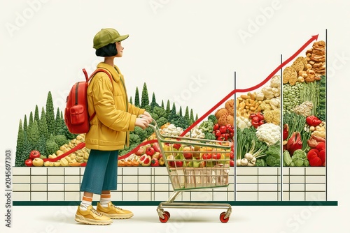 Grocery shopper price comparison food price supermarket shopping cart rising cost inflation fresh produce consumer budget vegetables fruit market retail economy increase expense aisle shop