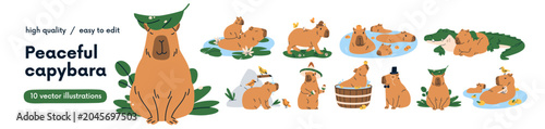 Cute funny capybara characters set. Amusing capibaras swimming in water, bath...