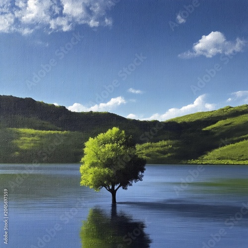 Lone Tree in Calm Water With Hills and Clouds in Background During Sunny Day